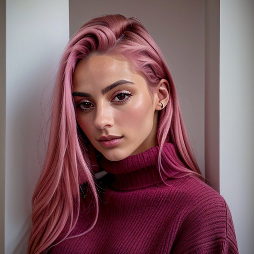 <lora:fitaitana_sd15_512_128_64_v1:1> fitaitana pink hair, 1girl, wearing a turtleneck sweater,, professional, photography...